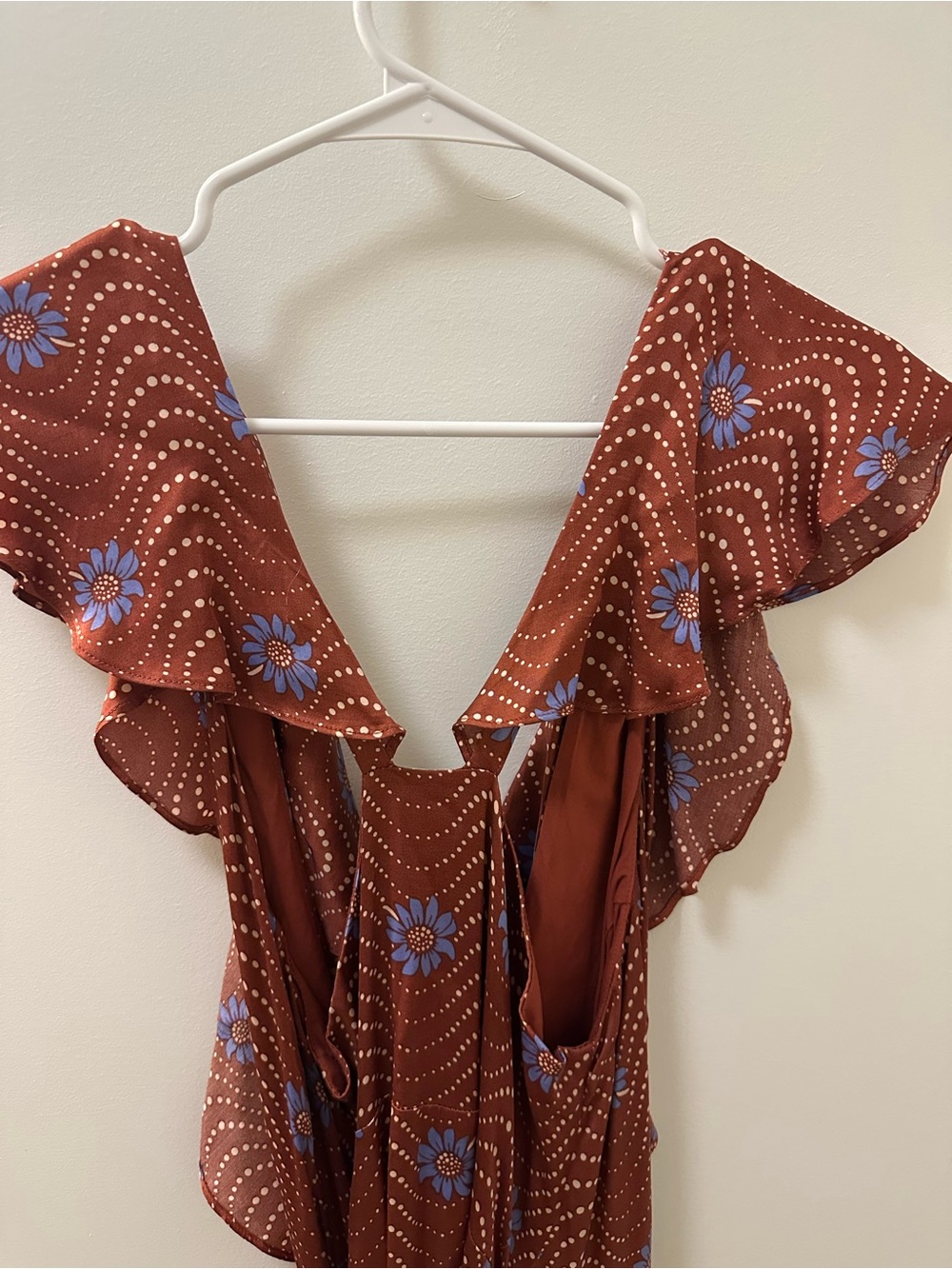 Anthropologie Rust Floral Wrap Midi Dress with Ruffle Sleeves - Picture 7 of 7